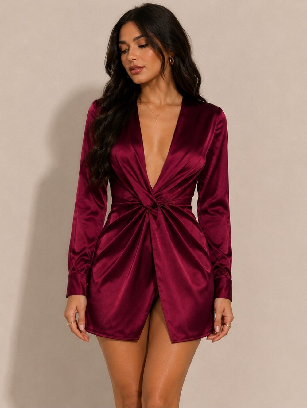 Fashion Nova | Kylie Satin Tie Knot long sleeve mini dress XSMALL